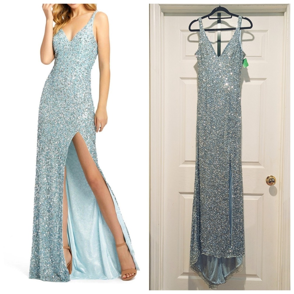 Y2K Glam Mac Duggal 1068 Powder Blue Sequin Prom Gown High Slit Size 6